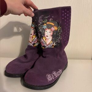 Ed Hardy | Purple Suede Mid-Calf Boots with Geisha Graphic | Size 7